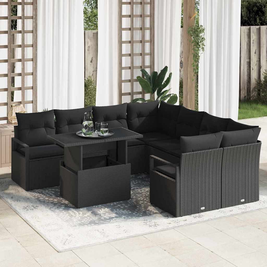 Garten-Sofa-Set mit Speicher 9 pcs Schwarz Poly Rattan